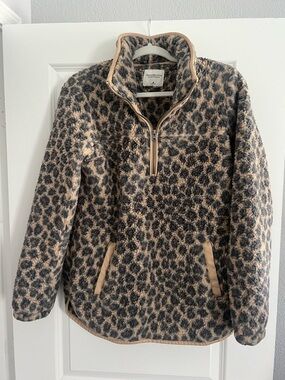 Abercrombie & Fitch Sherpa Half-Zip Faux Leather-Trim Leopard Quarter Zip